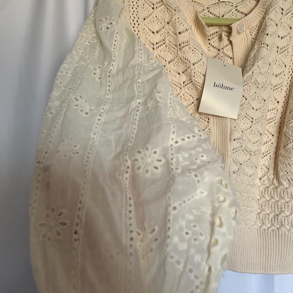 SOLD NWT Bohme 100% Cotton Cream Lace Knit Sweater with Eyelet Sleeves - Picture 3 of 4